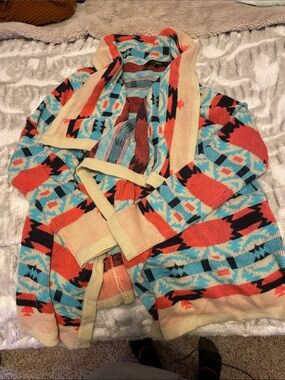 Colorful Geometric Open Front Cardigan - Turquoise & Coral